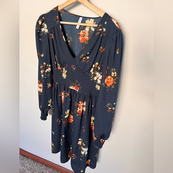 Xhilaration Dark Blue Floral Long Sleeve Dress - Picture 2 of 7